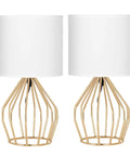 Gold Modern Farmhouse Table Lamps Set Of 2 With Hollowed Out Base And White Fabric Shade, lit nightstand lighting, front view