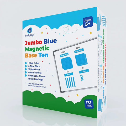 131 And 4 Piece Jumbo Blue Magnetic Base Ten Blocks Set With Headings For Math, classroom box display.