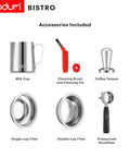 Accessories for Premium Game Changer Electric Espresso Machine With Integrated Stainless Steel Burr Grinder in classic black.