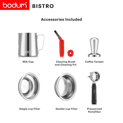 Accessories for Premium Game Changer Electric Espresso Machine With Integrated Stainless Steel Burr Grinder in classic black.