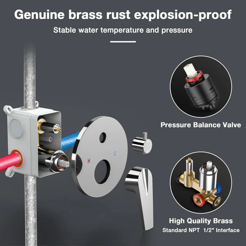 Rainfall Shower System With 10 Inch Handheld, 3 Modes, showing pressure balance valve and brass components, chrome finish