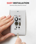 Wireless Bluetooth In Wall Audio Receiver With Built In 100W Amplifier And USB Microphone Aux 3.5mm Inputs Speaker Terminal Block To Connect Two Speakers Easy Install White being installed