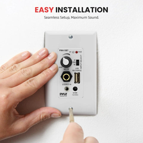 Wireless Bluetooth In Wall Audio Receiver With Built In 100W Amplifier And USB Microphone Aux 3.5mm Inputs Speaker Terminal Block To Connect Two Speakers Easy Install White being installed
