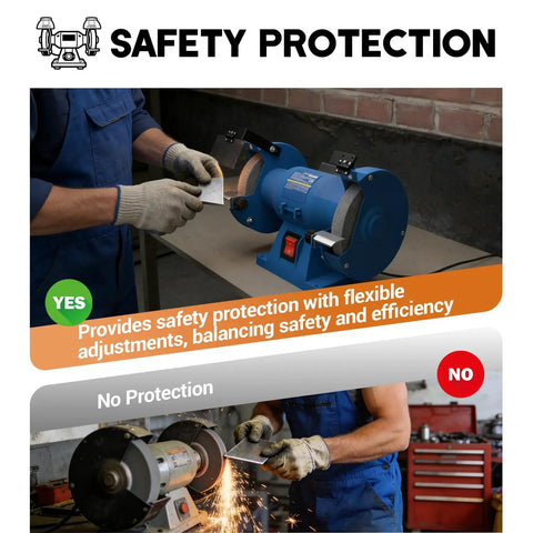 Universal Bench Grinder Safety Shields Tough As Nails Guard shown with flexibility for safe grinding on eight to ten inch wheels.