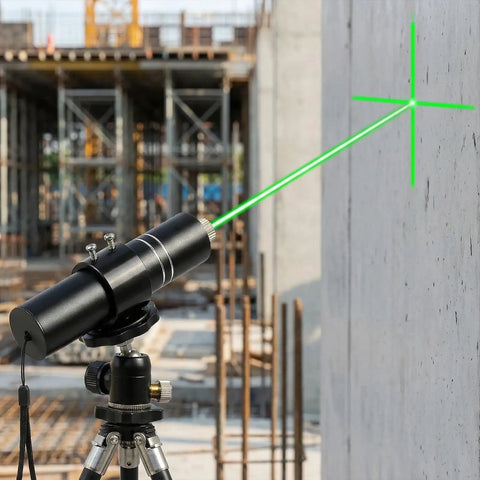 Three Head Green Laser Level Kit With Rechargeable Battery projecting cross and linear lasers on construction site wall.