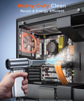 High Power Electric Air Duster cleaning computer interior, showing 150000 RPM fan blowing dust with adjustable speeds.