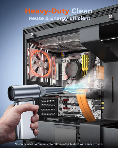 High Power Electric Air Duster cleaning computer interior, showing 150000 RPM fan blowing dust with adjustable speeds.