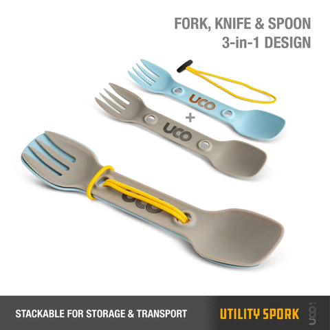 3 In 1 Spork For Camping Utensil With Fork Spoon And Serrated Knife Edge Go To Lightweight Durable Glass Nylon Construction Ideal For Backpacking Hiking Scouting And Travel 2 Pack with yellow strap