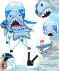 Kids Outdoor Folding Lawn And Camping Chair With Cup Holder And Carrying Bag For Beach And Travel, Sturdy Steel Frame, Water Resistant Oxford Cloth, Cute Shark Pattern, Portable Seat For Little Explorers with detailed view of fabric, cup holder and button to fold.