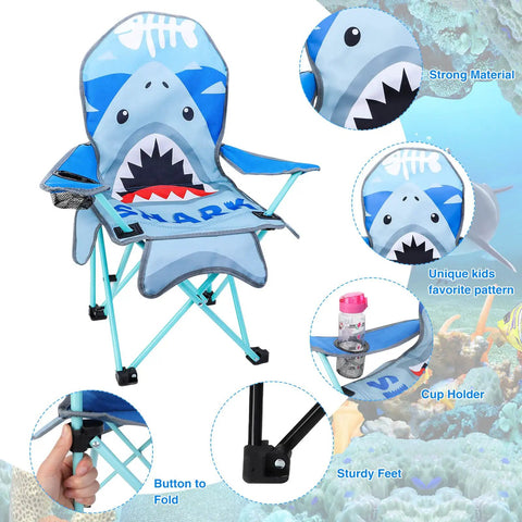 Kids Outdoor Folding Lawn And Camping Chair With Cup Holder And Carrying Bag For Beach And Travel, Sturdy Steel Frame, Water Resistant Oxford Cloth, Cute Shark Pattern, Portable Seat For Little Explorers with detailed view of fabric, cup holder and button to fold.