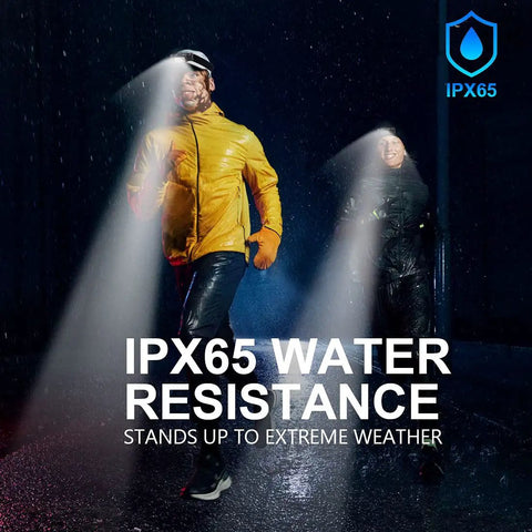 People using Rechargeable LED Headlamp With Motion Sensor, 1000 Lumen Beast Mode Bright Light in rain showcasing waterproof feature