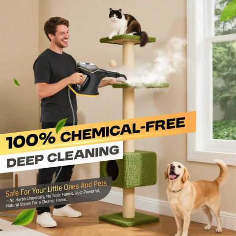 Man using Get Your Home Sparklin' Fast With This Heavy Duty Handheld Steam Cleaner on a cat tree with a cat above.