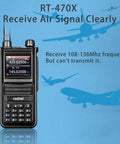 RT-470X handheld showcasing air signal reception; Beast Multi Band Ham Radio With 256 Channels And Aviation Air Band NOAA Marine Weather Long Range Handheld Transceiver USB C Charging Wireless Copy Frequency 2800mAh Battery Easy To Use With 1.77 Inch LCD Display.