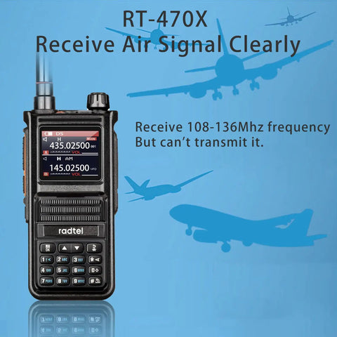 RT-470X handheld showcasing air signal reception; Beast Multi Band Ham Radio With 256 Channels And Aviation Air Band NOAA Marine Weather Long Range Handheld Transceiver USB C Charging Wireless Copy Frequency 2800mAh Battery Easy To Use With 1.77 Inch LCD Display.
