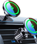 MagSafe Car Mount Charger With Strong Magnets For Fast Wireless Charging 15W on dashboard and vent in car interior