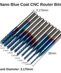 Genmitsu 40-piece CNC router bit set with 1/8 in shank, nano blue and titanium coatings, includes flat-nose and ball-nose bits.
