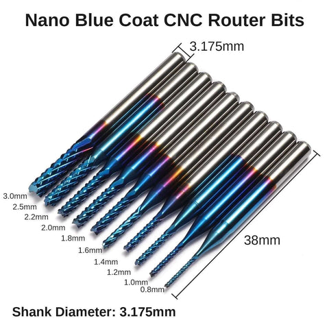 Genmitsu 40-piece CNC router bit set with 1/8 in shank, nano blue and titanium coatings, includes flat-nose and ball-nose bits.