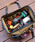 Wide Mouth 14 Inch Tool Bag Gear Bag For Plumbers Electricians And DIY Handymen With Heavy Duty 900D Polyester Build filled with tools
