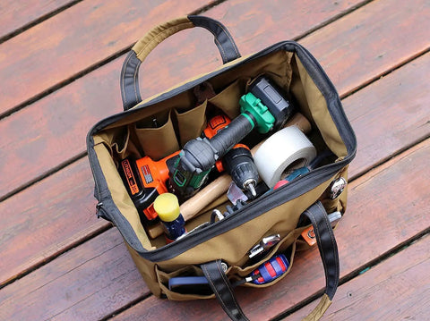Wide Mouth 14 Inch Tool Bag Gear Bag For Plumbers Electricians And DIY Handymen With Heavy Duty 900D Polyester Build filled with tools