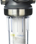 Whole House Water Filter Housing Three Quarter Inch Inlet And Outlet Standard Duty Sediment Filtration Clear Housing With Pressure Relief Valve NSF Certified Easy Cartridge Change DIY Friendly Installation with clear view and stainless steel connections.