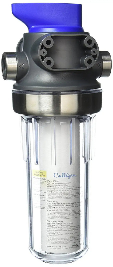 Whole House Water Filter Housing Three Quarter Inch Inlet And Outlet Standard Duty Sediment Filtration Clear Housing With Pressure Relief Valve NSF Certified Easy Cartridge Change DIY Friendly Installation with clear view and stainless steel connections.