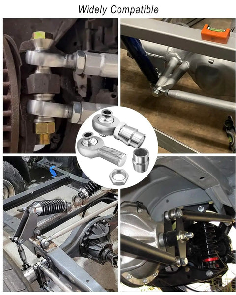 Bombproof Hardened 1.25 Inch Heim Joint Rod End Kit With Left And Right Turnbuckle Threads And Tube Joint Spacer shown in vehicle suspension setup.