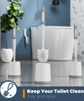 Three Pack Toilet Brushes With Holder For Deep Cleaning in white with ergonomic handles displayed in a bathroom setting.