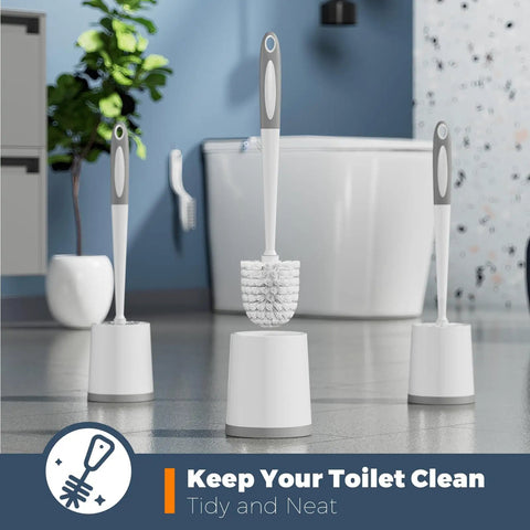 Three Pack Toilet Brushes With Holder For Deep Cleaning in white with ergonomic handles displayed in a bathroom setting.