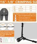 Heavy Duty Wire Rope Crimping Tool Kit With 14 Inch Swaging Tool And Wire Rope Cutter For One Sixteenth To One Eighth Inch Crimping Loop Sleeves Cable Crimper All In One Pro Grade Set For Aluminum And Copper Sleeves with illustrated crimping sizes.