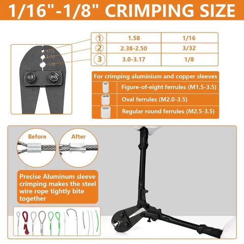 Heavy Duty Wire Rope Crimping Tool Kit With 14 Inch Swaging Tool And Wire Rope Cutter For One Sixteenth To One Eighth Inch Crimping Loop Sleeves Cable Crimper All In One Pro Grade Set For Aluminum And Copper Sleeves with illustrated crimping sizes.
