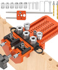 Adjustable Dowel Jig Kit with Quick Positive Stop and Clamp for Precision Woodworking, includes drill bushes and tools.