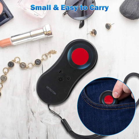 Anti Spy Camera Detector With Infrared Viewfinder, Pocket Sized Hidden Camera Finder for Airbnb Hotels and Bathrooms shown in a bag