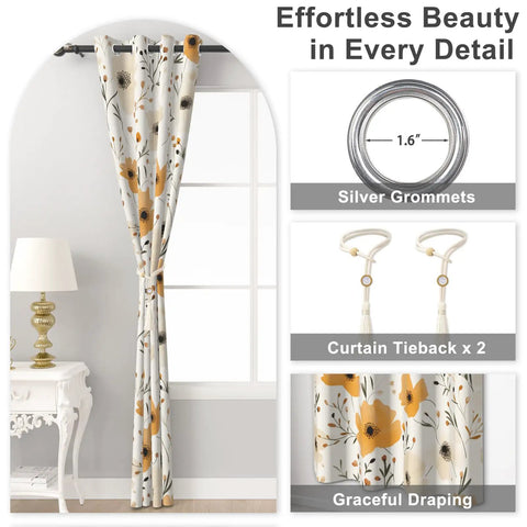 Floral Blackout Curtains For Bedroom And Living Room 84 Inch Length Two Panels Set Thermal Insulated Light Blocking Drapes With Tiebacks Farmhouse Darkening Window Treatments For Light And Noise Reduction with silver grommets and tiebacks displayed in room setting.