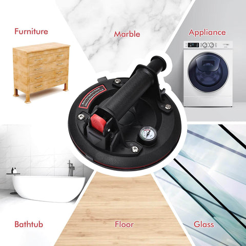 Heavy Duty Vacuum Suction Cup Lifter For Glass And Large Appliances With Pressure Gauge surrounded by different surface types.