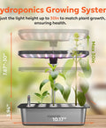 Diagram of Smart Hydroponics Growing System Kit with 15 Pods, 36W LED grow light, and app control extending up to 30 inches.