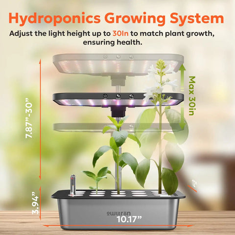 Diagram of Smart Hydroponics Growing System Kit with 15 Pods, 36W LED grow light, and app control extending up to 30 inches.