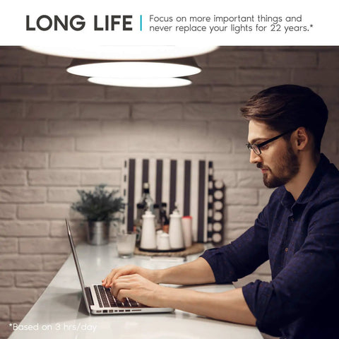 Bright A21 LED Bulbs 150 Watt Equivalent Pack providing crisp daylight-style light above person at laptop