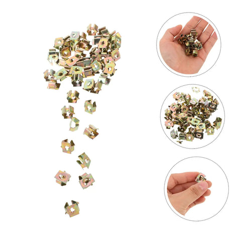 50 Pack Of Straight Up Solid Iron Captive Nut Fasteners With Top Shelf License Plate Screw Retainer Clips scattered, showing details in hand.