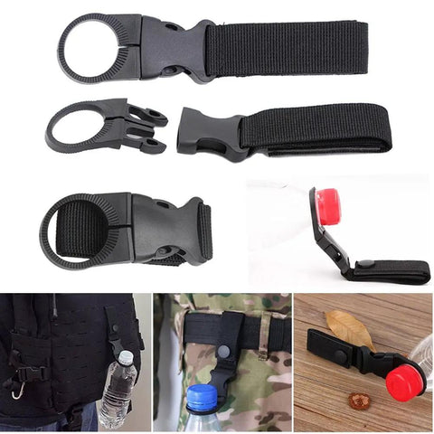 All In One 13 In 1 Survival Kit With Outdoor Gear Essentials Like Fire Starter, Survival Bracelet, Whistle, Compass shown with water bottle clip