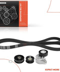 Serpentine Belt Drive Kit for Mercedes Benz Vehicles, includes belt, tensioner, idlers from kit box to product display.