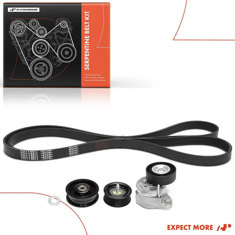Serpentine Belt Drive Kit for Mercedes Benz Vehicles, includes belt, tensioner, idlers from kit box to product display.
