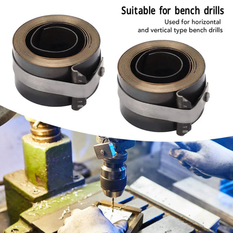 Two Pack Drill Press Return Spring Replacement For Bench Drills Chrome Steel Quill Coil Fits Horizontal And Vertical Drill Presses Durable Metal Spring For Smooth Top Return And Precise Feed, shown with drill and worker in background.