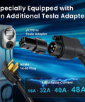 Level 2 EV Charger With 48 Amp 240V NEMA 14-50 Plug Charges Your Daily Driver Dead Fast, showing Tesla adapter and adjustable current options.