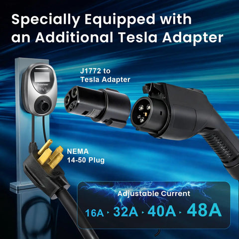 Level 2 EV Charger With 48 Amp 240V NEMA 14-50 Plug Charges Your Daily Driver Dead Fast, showing Tesla adapter and adjustable current options.