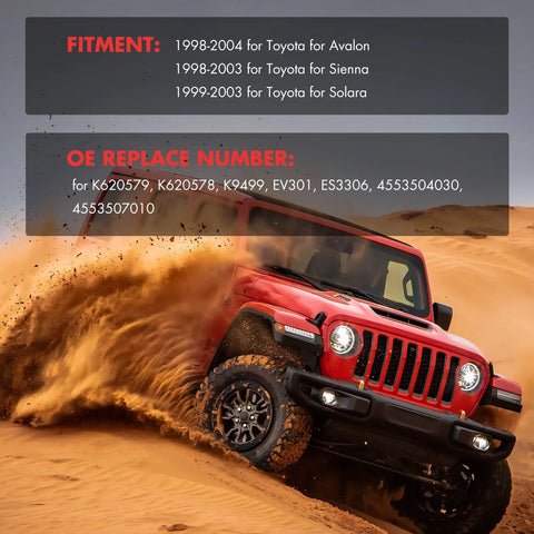 Front suspension kit 10-piece ASTOU for Toyota Avalon/Sienna/Solara; red off-road SUV in desert with fitment overlays.