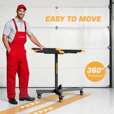 Adjustable Height Mobile Work Table With Rolling Tool Cart And Drills Storage, Heavy Duty Metal Mechanic Workbench On Wheels For Garage, Workshop, And Bike Repair, Orange And Black with a mechanic standing next to it.