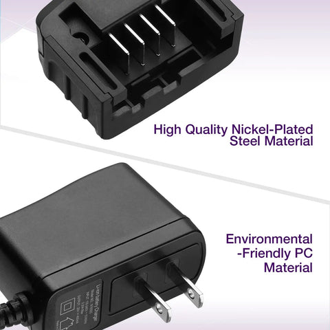 16V-20V Lithium Ion Battery Charger Replacement For 16V-20V Tool Batteries, showing nickel-plated steel and PC material