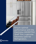 White Refrigerator Shelf Trim Replacement in front of stainless steel fridge, Electrolux 240357704, for standard fridges.