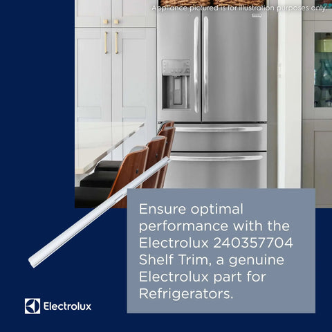 White Refrigerator Shelf Trim Replacement in front of stainless steel fridge, Electrolux 240357704, for standard fridges.