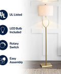 61 Inch Brass Gold Metal LED Floor Lamp With Hoop Design For Living Room Modern Standing Lamp White Linen Drum Shade